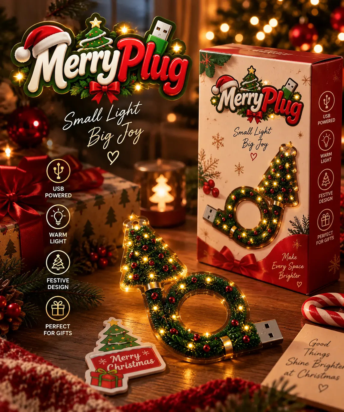 MerryPlug Christmas projector in a festive room